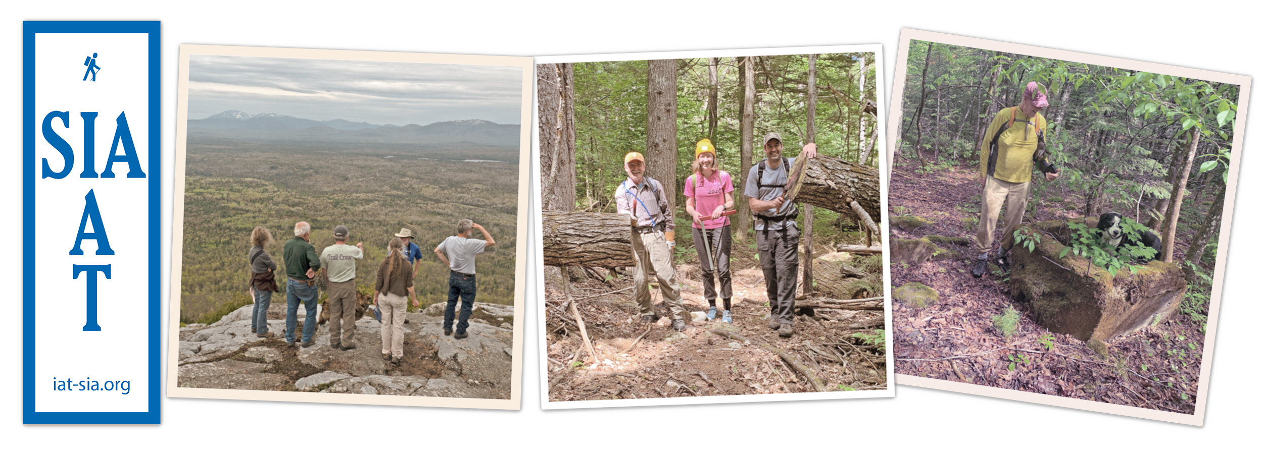 IAT-SIA logo with some pictures of past sponsored hikes and trail work