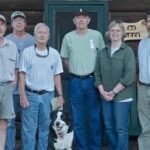 Earl was a constant companion and trail crew member for years, here on the porch of 'The Aces' at Bowlin Camps, with Don Hudson, Kirk St. Peter, Earl, Dave Rand, Cheryl St. Peter, Bill Duffy (and Tripp!).