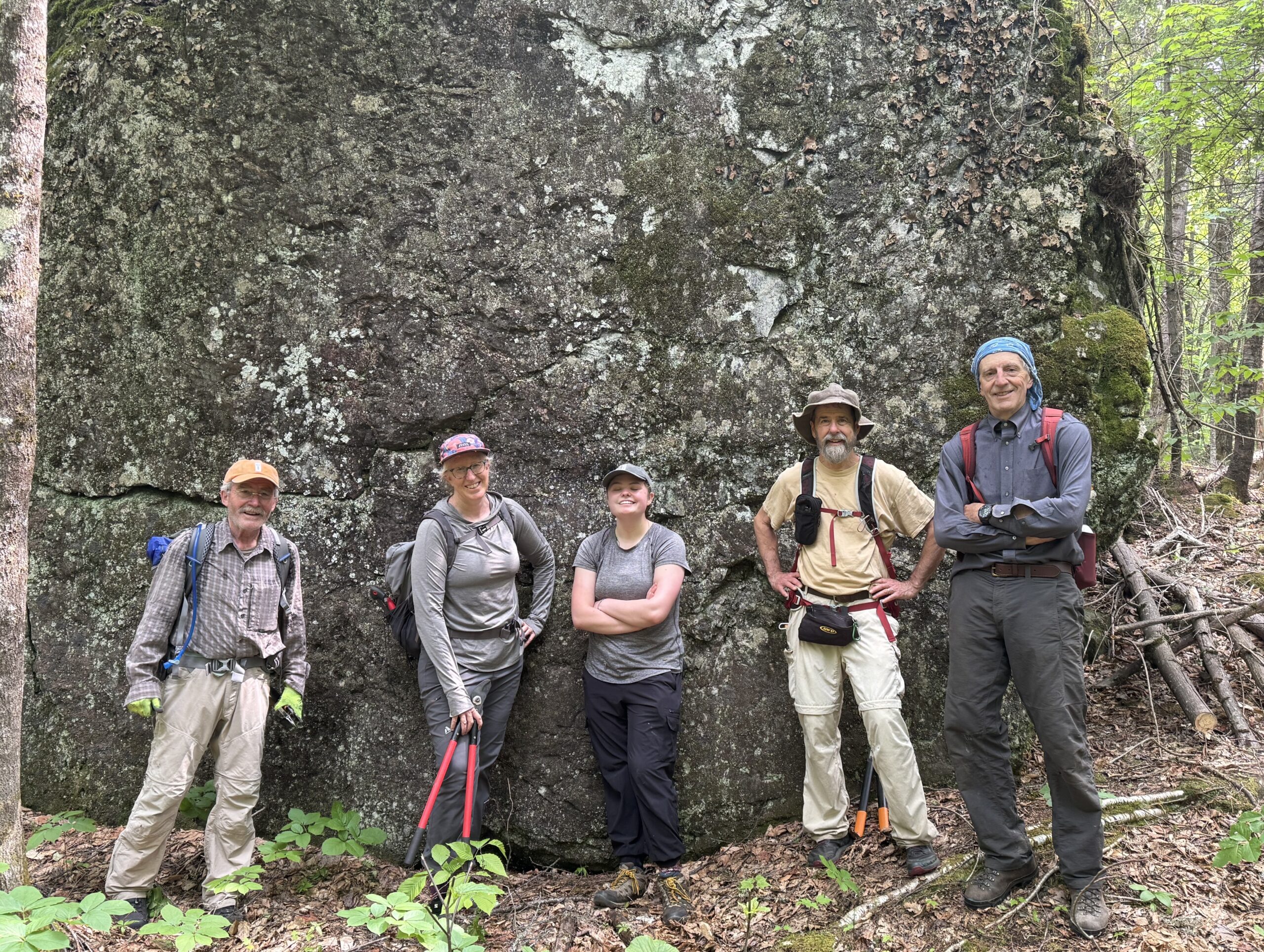 Don, Julia, Sophie, Bill, and Jas in front of Earl’s Erratic on the first workday